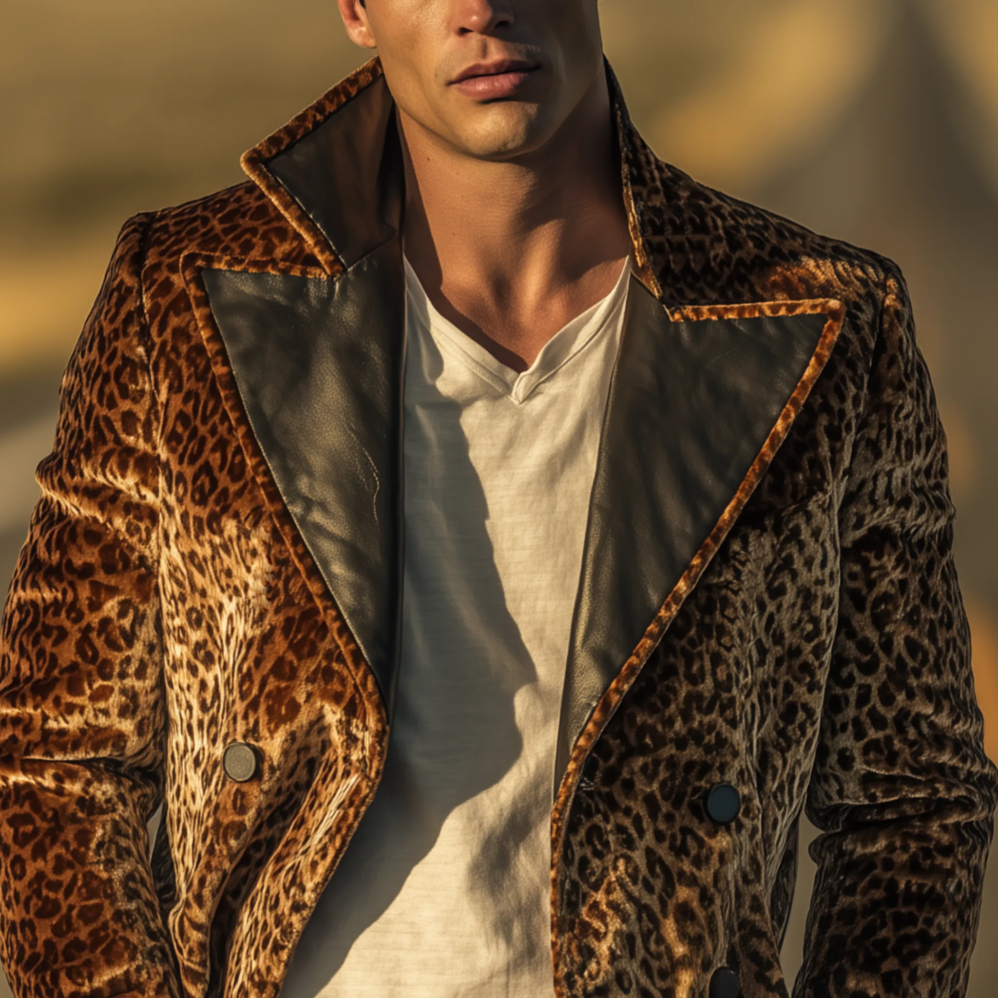 Men's Classic Vintage Pu Leather Lapel Double-breasted Velvet Leopard Print Jacket MTA0345I6K sold by Manly product image thumbnail 4