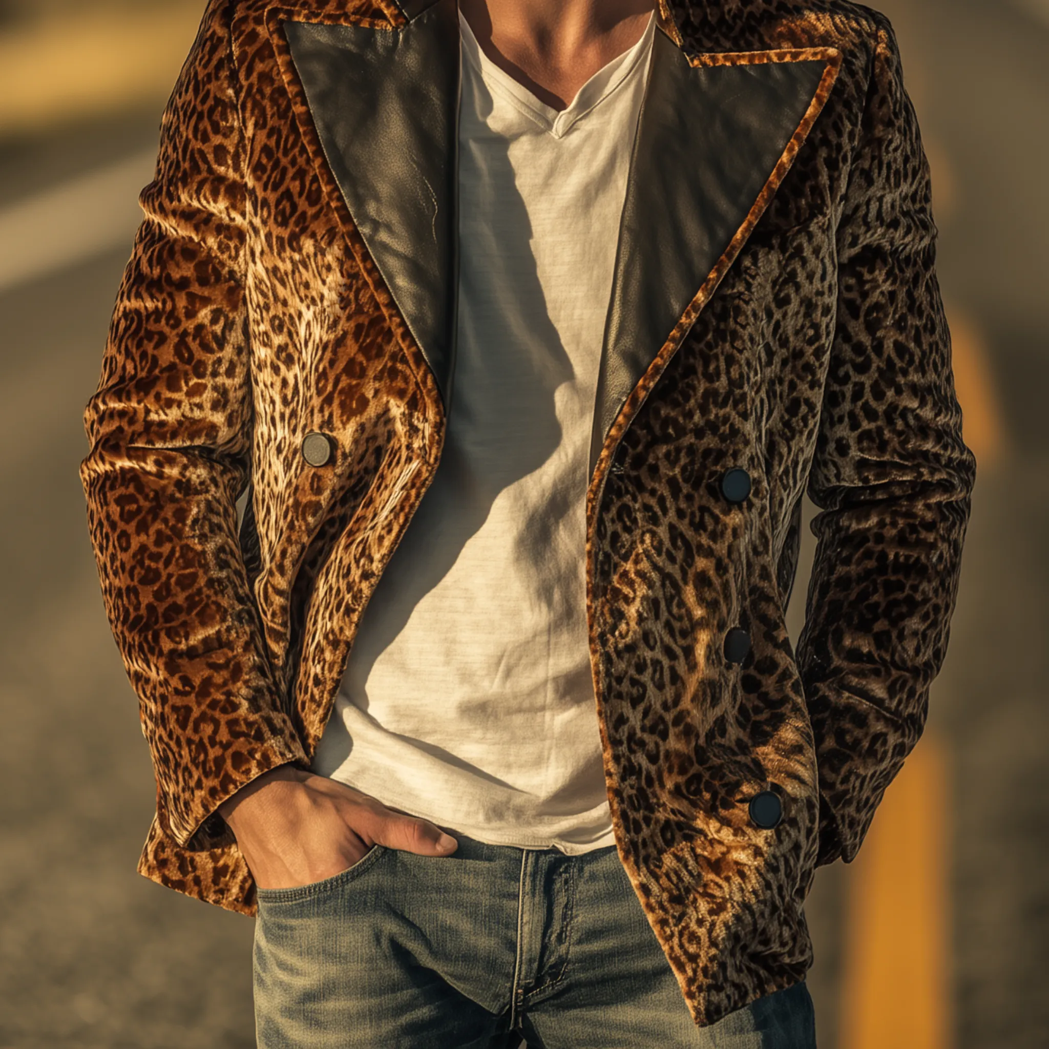 Men's Classic Vintage Pu Leather Lapel Double-breasted Velvet Leopard Print Jacket MTA0345I6K sold by Manly product image thumbnail 5