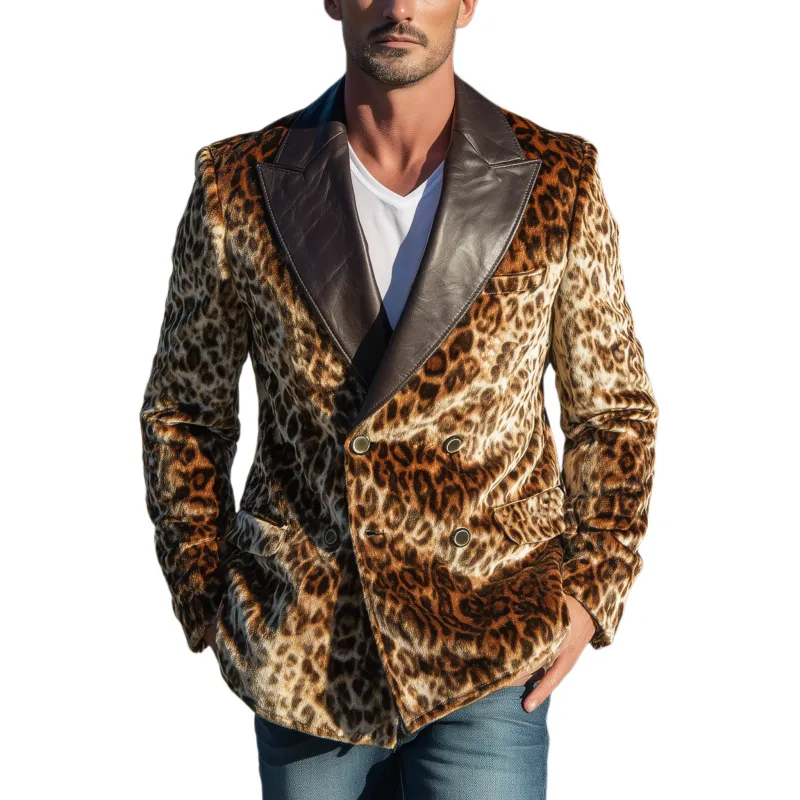 Men's Classic Retro Pu Leather Collar Leopard Velvet Double-breasted Blazer MTA0334I0K sold by Manly