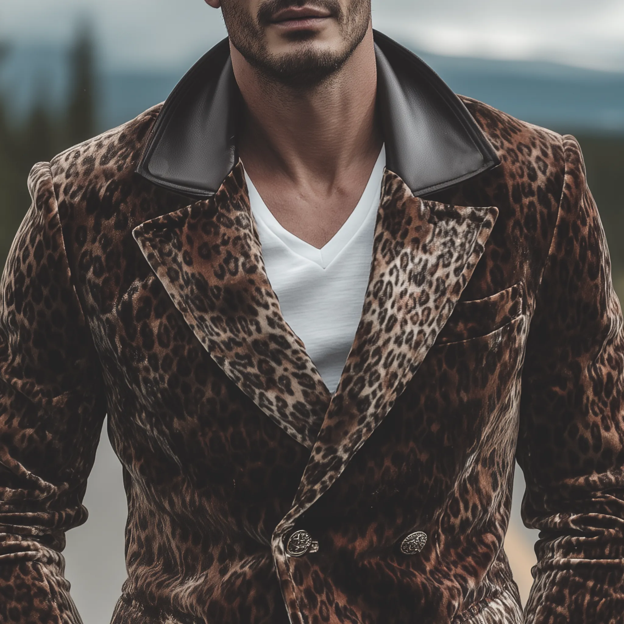 Men's Classic Retro Pu Leather Collar Double-breasted Velvet Leopard Print Blazer MTA0377I8K sold by Manly product image thumbnail 3