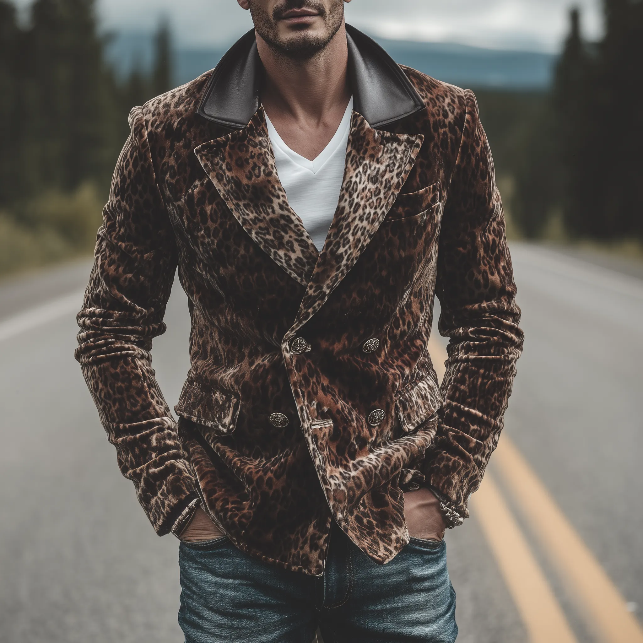 Men's Classic Retro Pu Leather Collar Double-breasted Velvet Leopard Print Blazer MTA0377I8K sold by Manly product image thumbnail 2