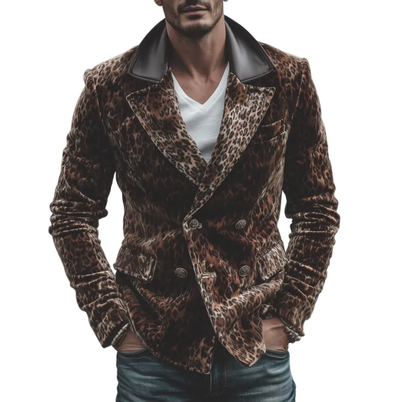 Men's Classic Retro Pu Leather Collar Double-breasted Velvet Leopard Print Blazer MTA0377I8K sold by Manly