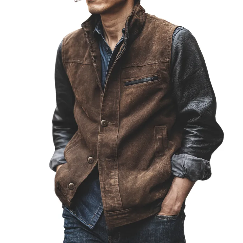 Men's Retro Casual Cotton Washed Stand Collar Button Vest MTA0141I6TO sold by Manly