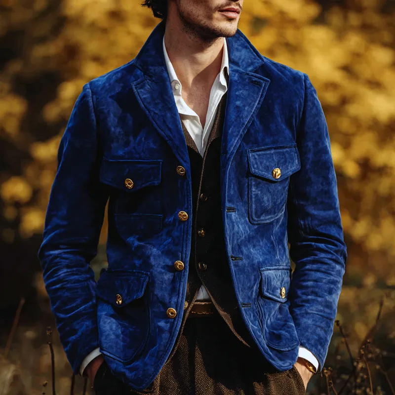 Men's Solid Suede Notch Lapel Multi-pocket Single Breasted Jacket MTA0306I7Z sold by Manly product image thumbnail 2