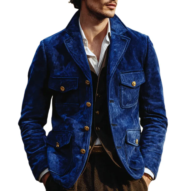 Men's Solid Suede Notch Lapel Multi-pocket Single Breasted Jacket MTA0306I7Z sold by Manly