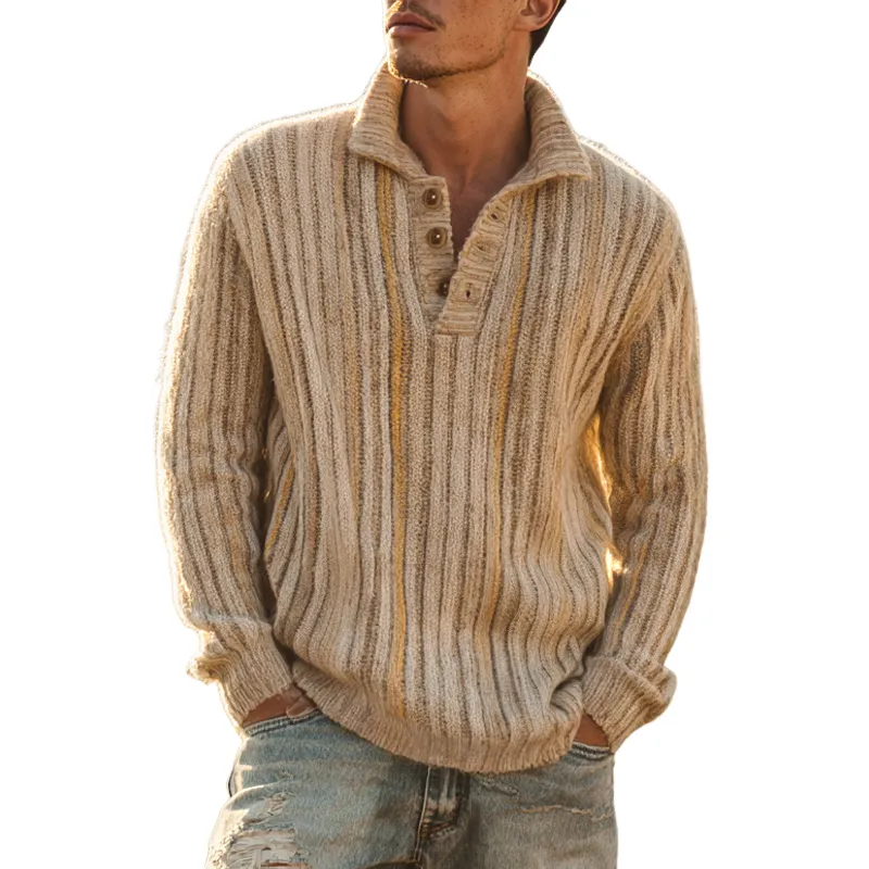 Men's Striped Knitted Lapel Long Sleeve Casual Sweater MTA0209I6Z sold by Manly