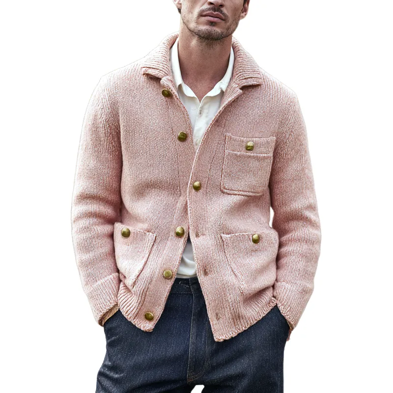 Men's Solid Knit Lapel Multi-pocket Single Breasted Jacket Cardigan MTA0386I5Z sold by Manly