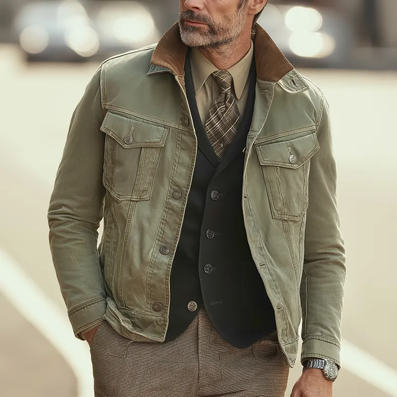 Men's American Retro Style Washed Denim Faux Suede Patchwork Jacket MTA0280I4P sold by Manly product image thumbnail 2