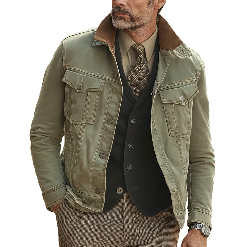 Men's American Retro Style Washed Denim Faux Suede Patchwork Jacket MTA0280I4P sold by Manly