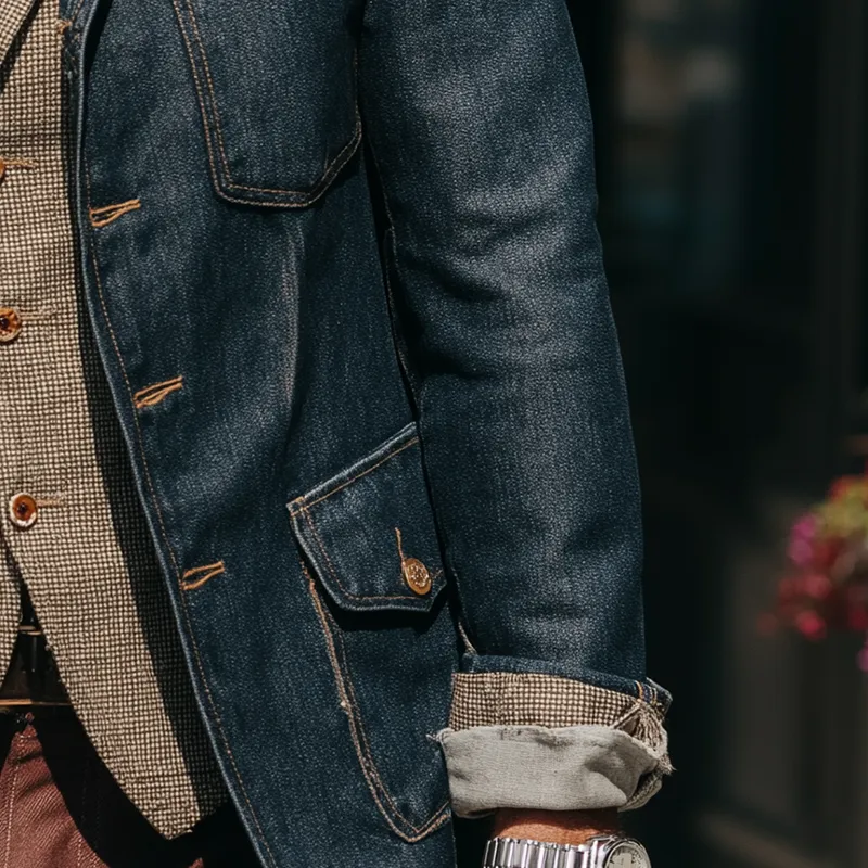 Men's Vintage Washed Distressed Denim Faux Suede Patchwork Formal Jacket MTA0270I0P sold by Manly product image thumbnail 5