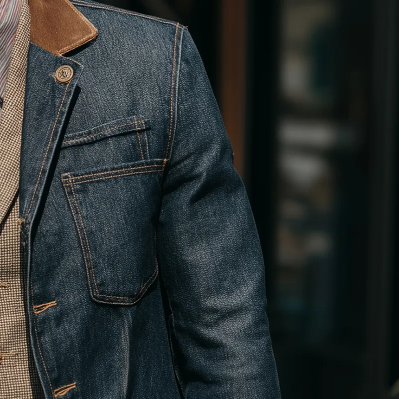 Men's Vintage Washed Distressed Denim Faux Suede Patchwork Formal Jacket MTA0270I0P sold by Manly product image thumbnail 4