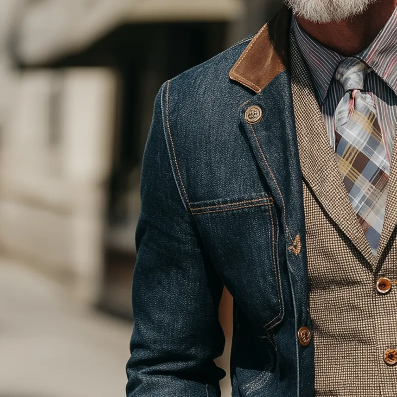 Men's Vintage Washed Distressed Denim Faux Suede Patchwork Formal Jacket MTA0270I0P sold by Manly product image thumbnail 3