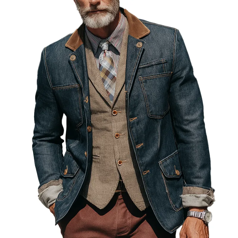 Men's Vintage Washed Distressed Denim Faux Suede Patchwork Formal Jacket MTA0270I0P sold by Manly