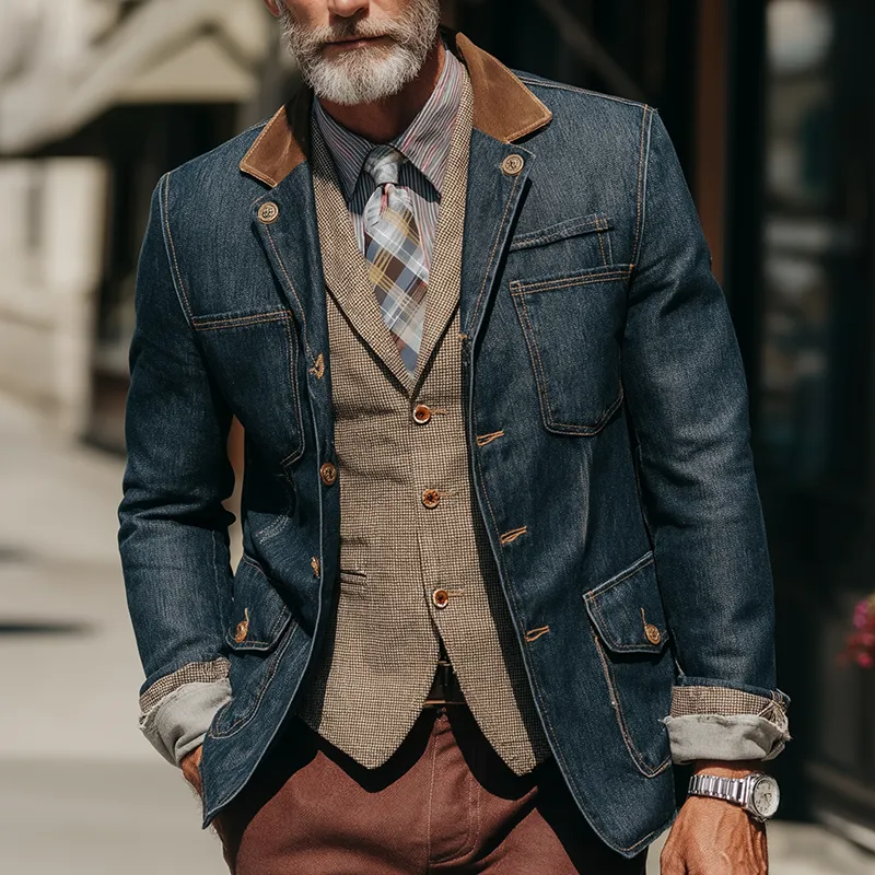 Men's Vintage Washed Distressed Denim Faux Suede Patchwork Formal Jacket MTA0270I0P sold by Manly product image thumbnail 2