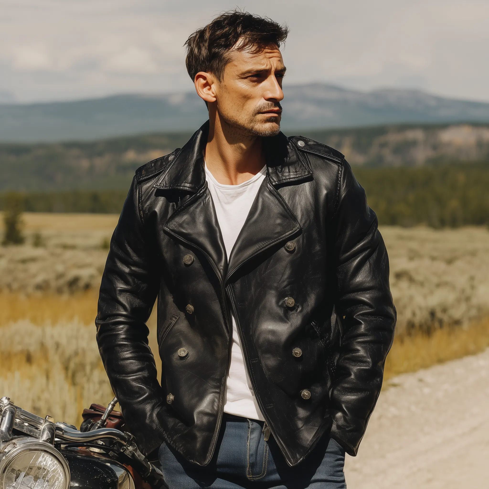 Men's Classic Western Retro Tough Style Lapel PU Leather Double-breasted Jacket MTA0522I3K sold by Manly product image thumbnail 3