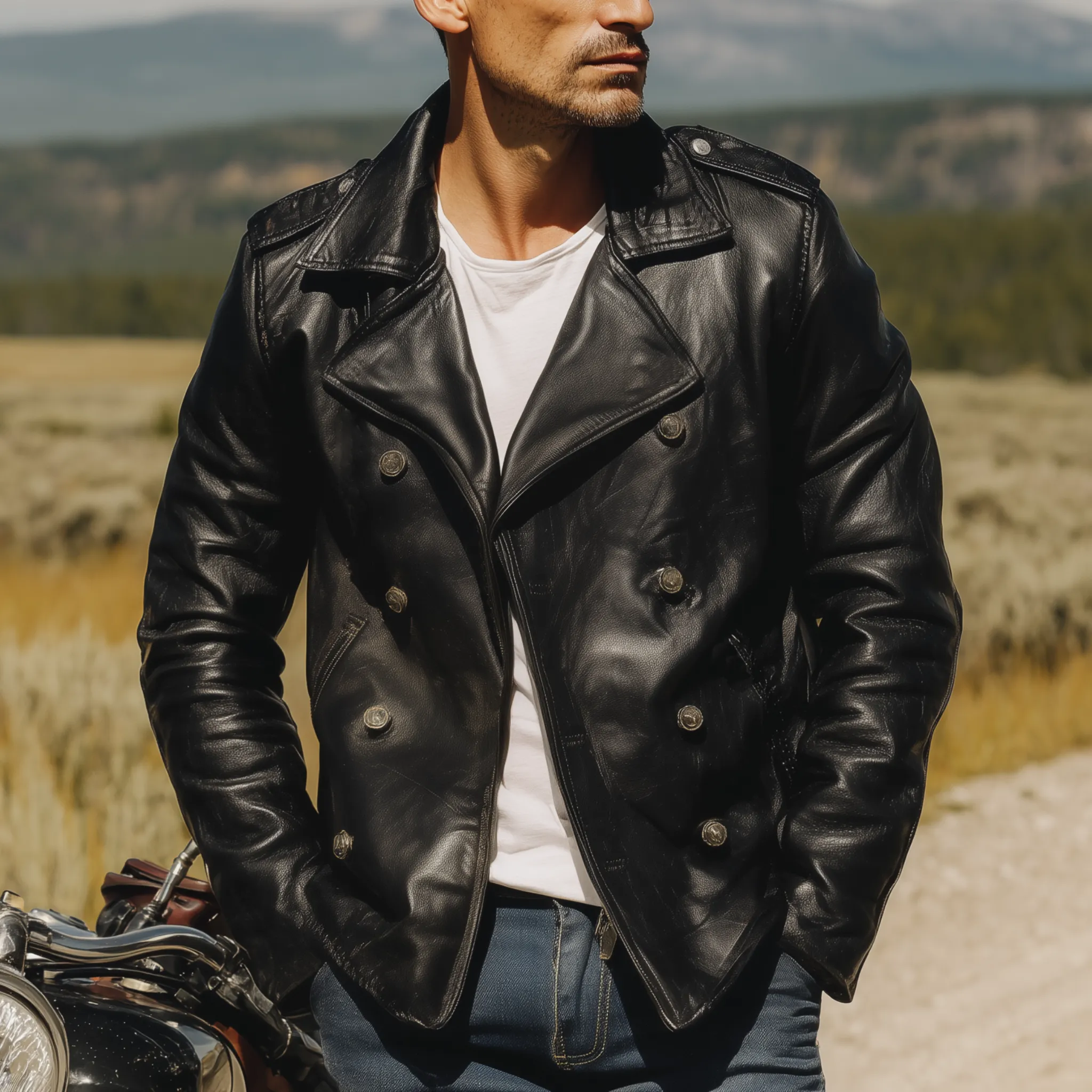 Men's Classic Western Retro Tough Style Lapel PU Leather Double-breasted Jacket MTA0522I3K sold by Manly product image thumbnail 2