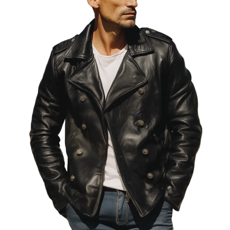 Men's Classic Western Retro Tough Style Lapel PU Leather Double-breasted Jacket MTA0522I3K sold by Manly
