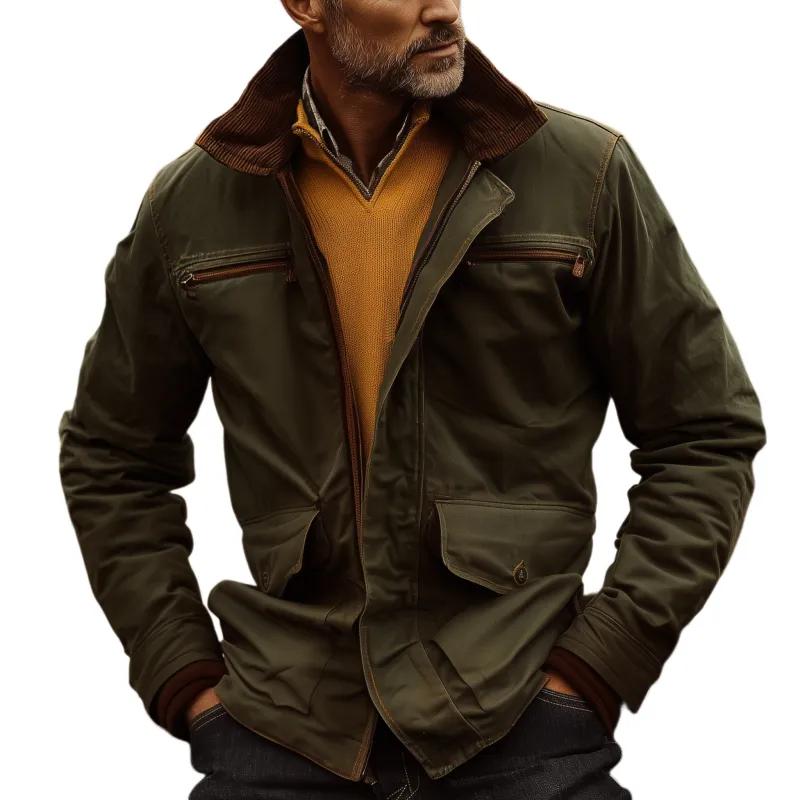 Men's Classic Western Style Corduroy Collar Multi-Pocket Zipper Cotton Blend Jacket MTA0547I5K sold by Manly