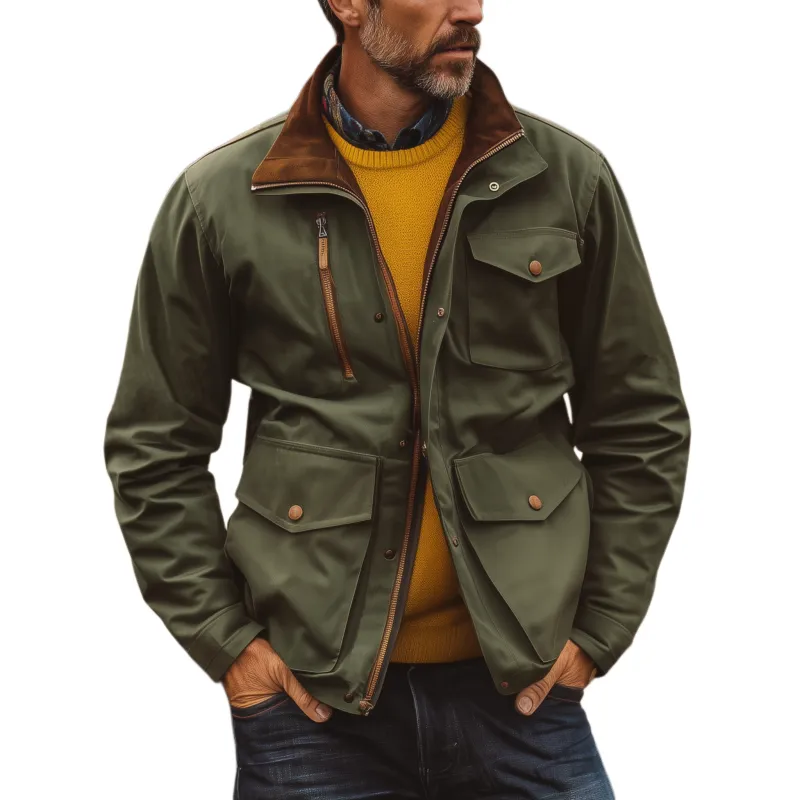 Men's Classic Western Vintage Suede Collar Multi-Pocket Zipper Cotton Blend Jacket MTA0565I3K sold by Manly