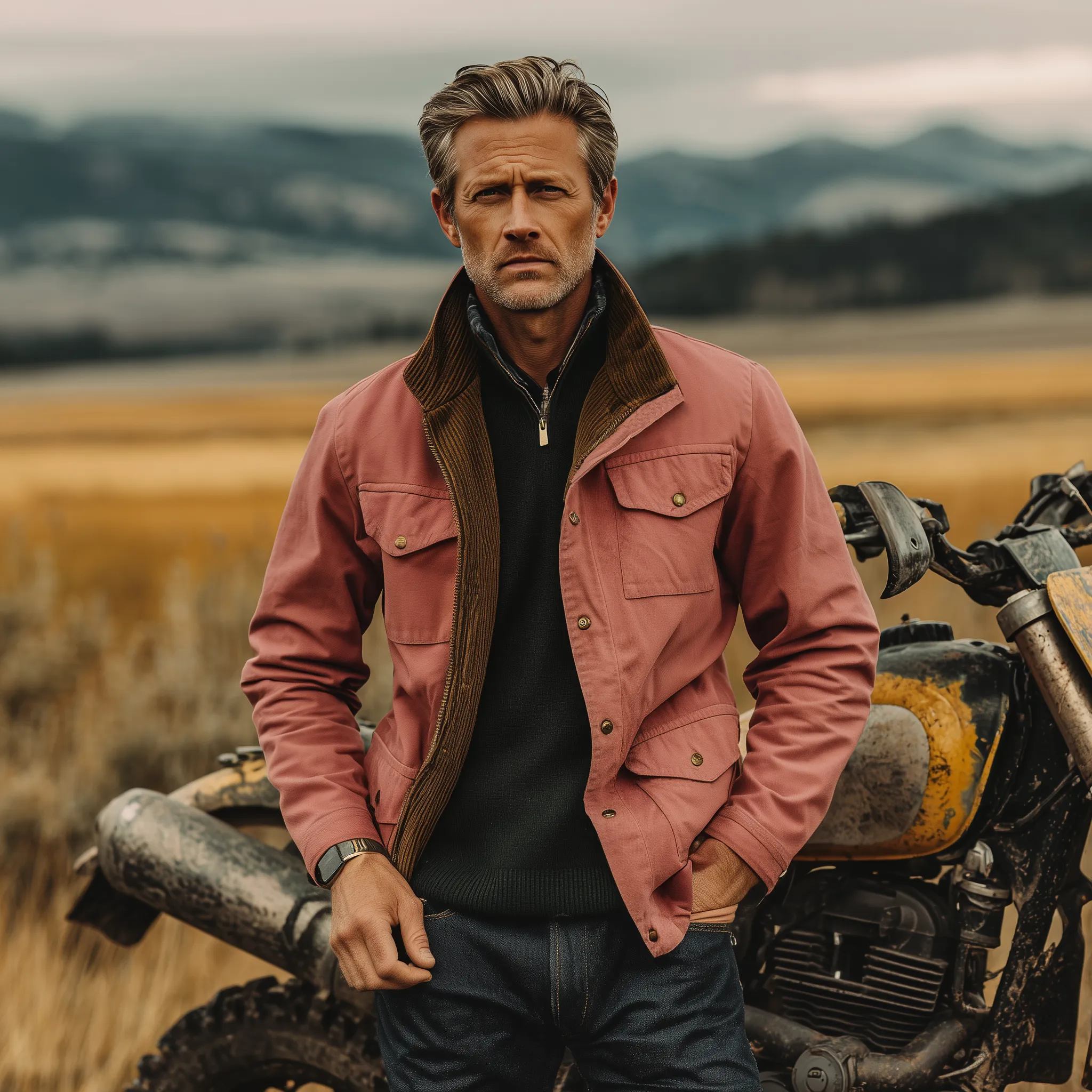 Men's Classic Western Retro Style Stand Collar Multi-pocket Zipper Pink Cotton Blend Jacket MTA0539I7K sold by Manly product image thumbnail 3