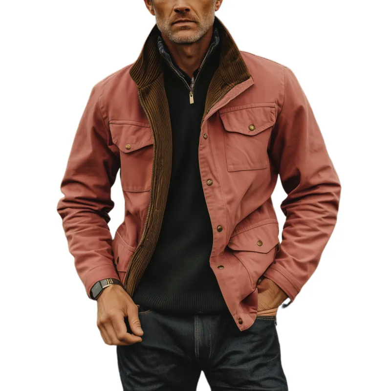 Men's Classic Western Retro Style Stand Collar Multi-pocket Zipper Pink Cotton Blend Jacket MTA0539I7K sold by Manly