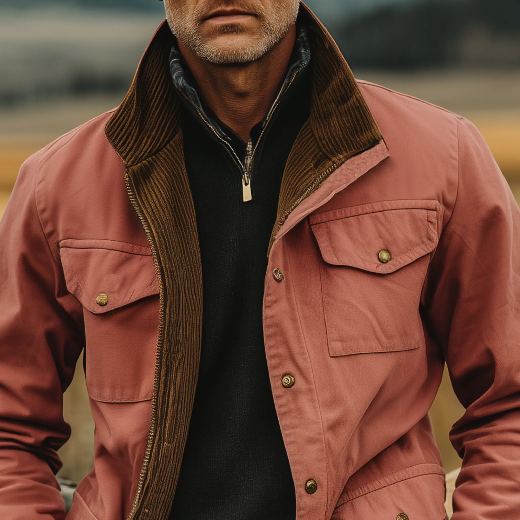 Men's Classic Western Retro Style Stand Collar Multi-pocket Zipper Pink Cotton Blend Jacket MTA0539I7K sold by Manly product image thumbnail 4