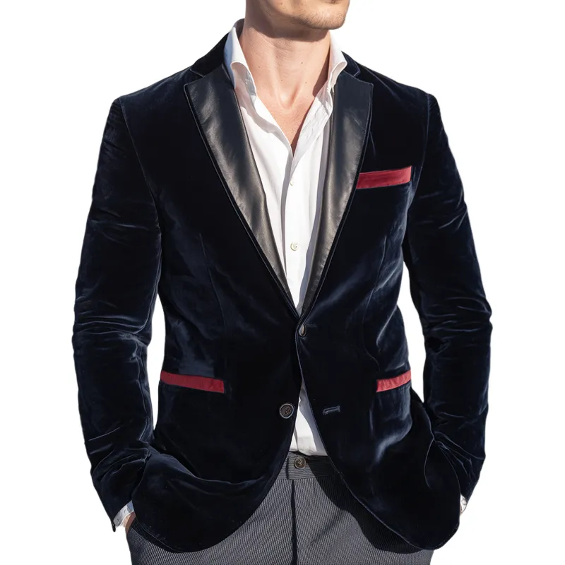 Men's Vintage Velvet And PU Leather Collar Two Button Blazer MTA0542I3U sold by Manly