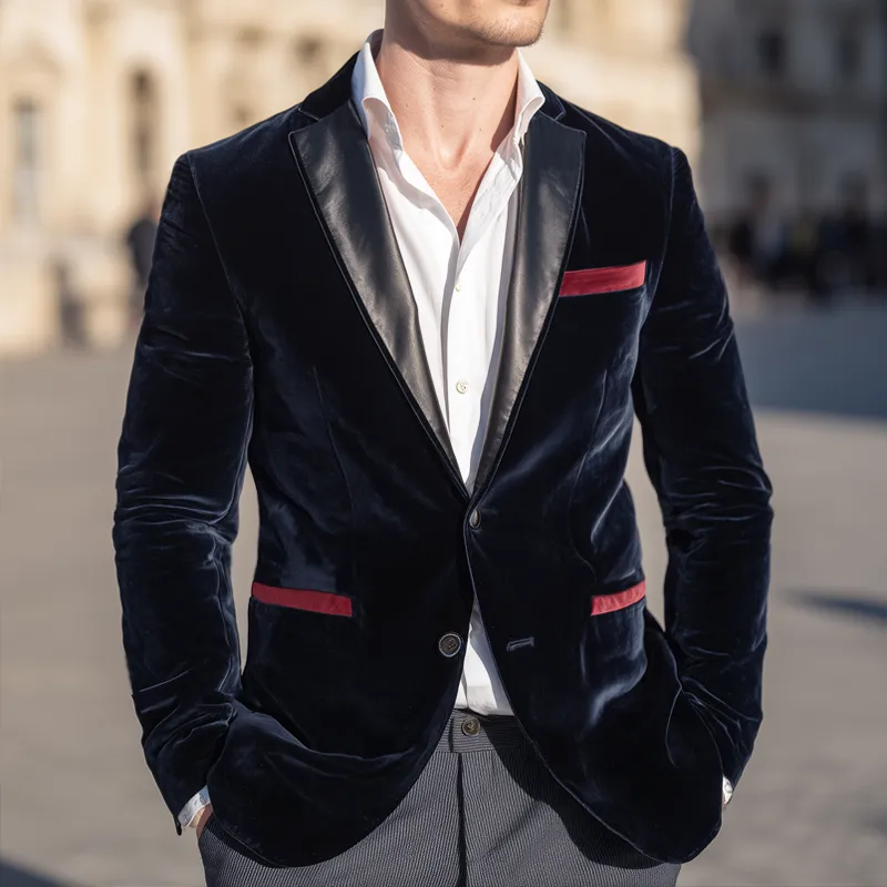 Men's Vintage Velvet And PU Leather Collar Two Button Blazer MTA0542I3U sold by Manly product image thumbnail 2