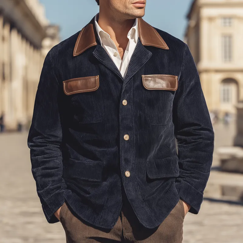 Men's Vintage Corduroy And PU Leather Patchwork Button Jacket MTA0521I4U sold by Manly product image thumbnail 2