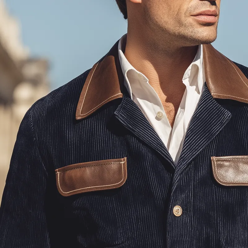 Men's Vintage Corduroy And PU Leather Patchwork Button Jacket MTA0521I4U sold by Manly product image thumbnail 3