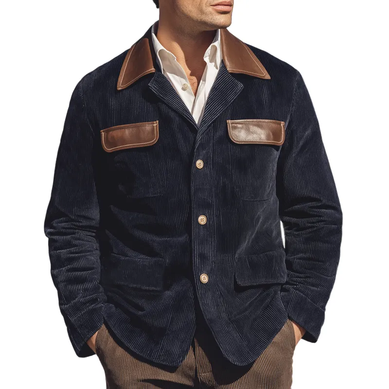 Men's Vintage Corduroy And PU Leather Patchwork Button Jacket MTA0521I4U sold by Manly