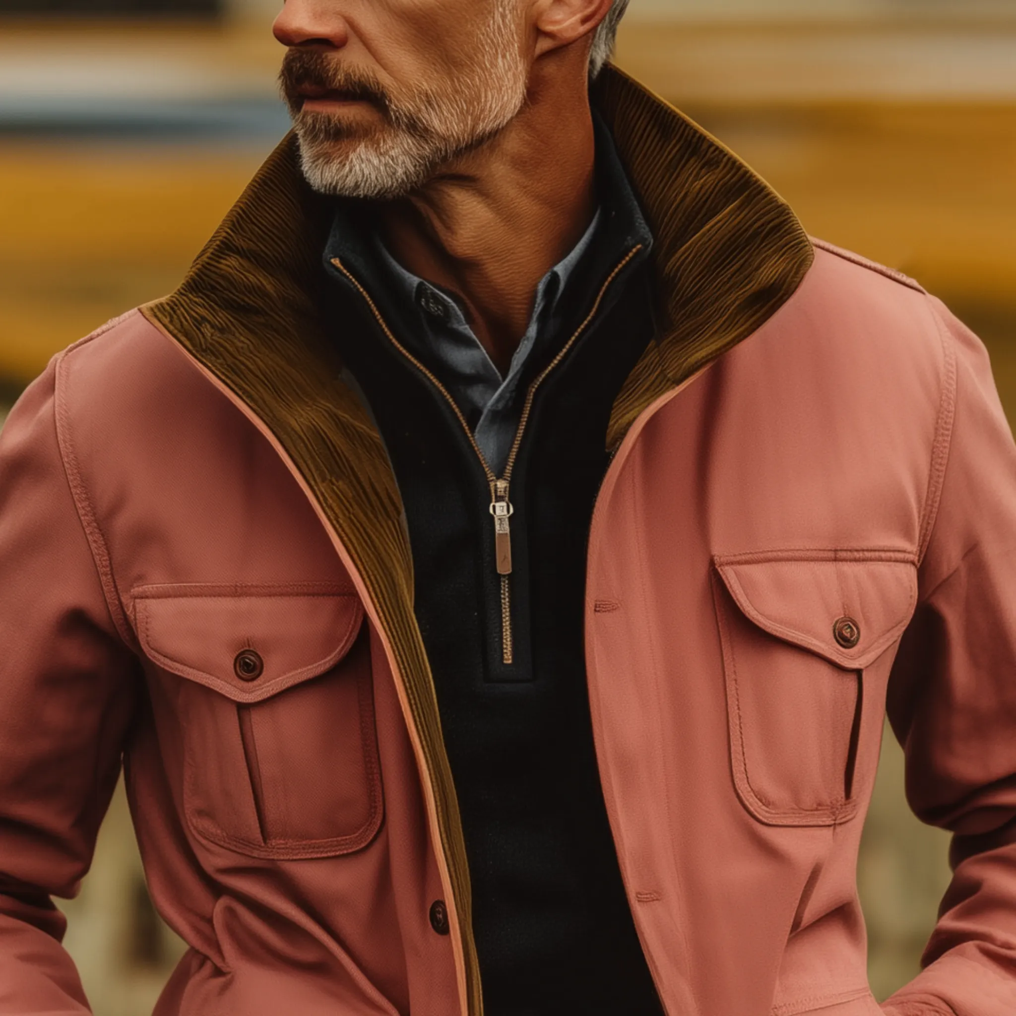 Men's Classic Western Retro Style Stand Collar Multi-pocket Pink Cotton Blend Jacket MTA0520I2K sold by Manly product image thumbnail 4