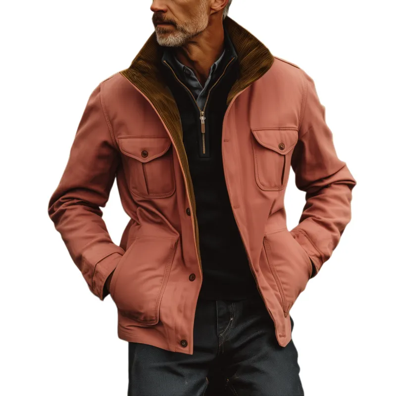 Men's Classic Western Retro Style Stand Collar Multi-pocket Pink Cotton Blend Jacket MTA0520I2K sold by Manly