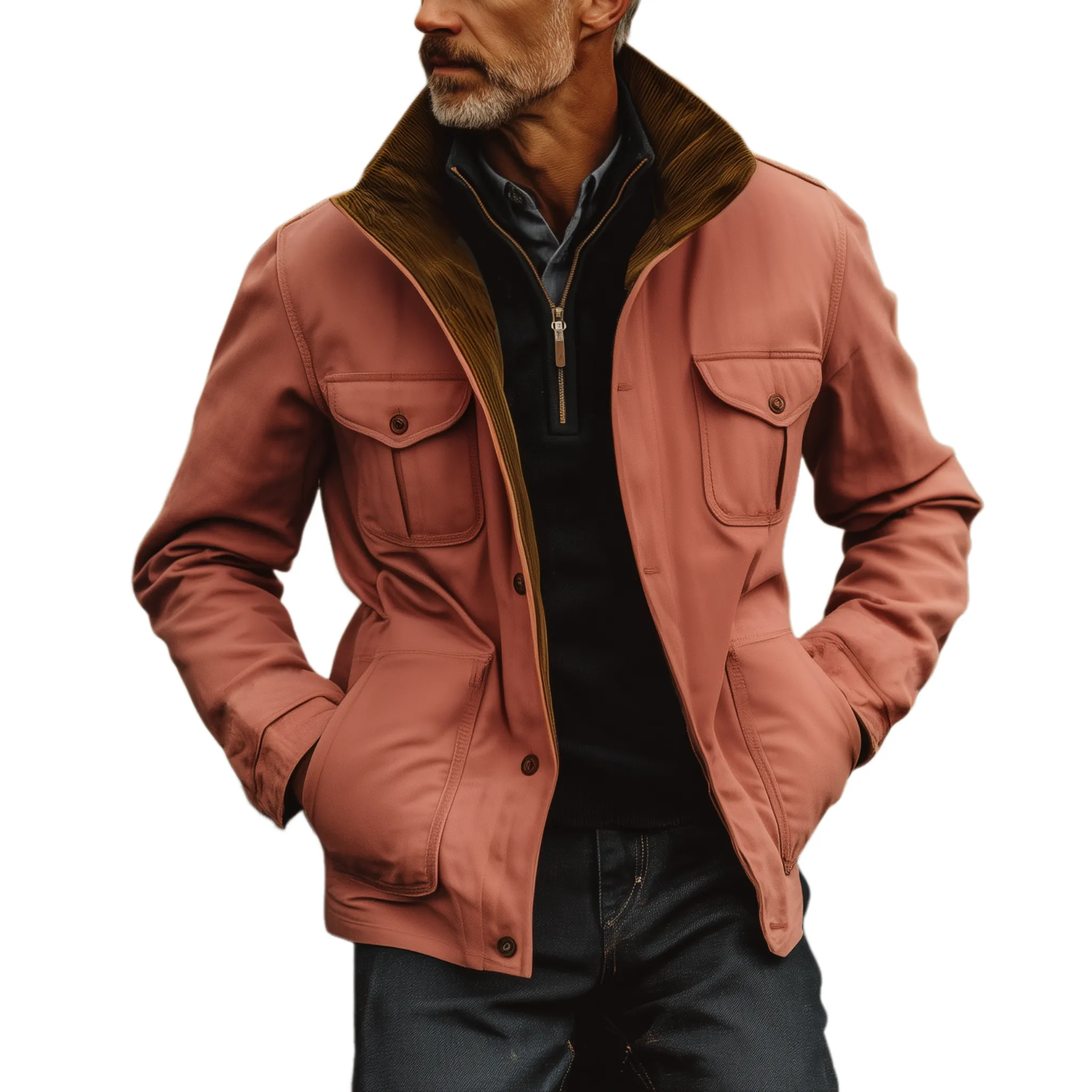 Men's Classic Western Retro Style Stand Collar Multi-pocket Pink Cotton Blend Jacket MTA0520I2K sold by Manly