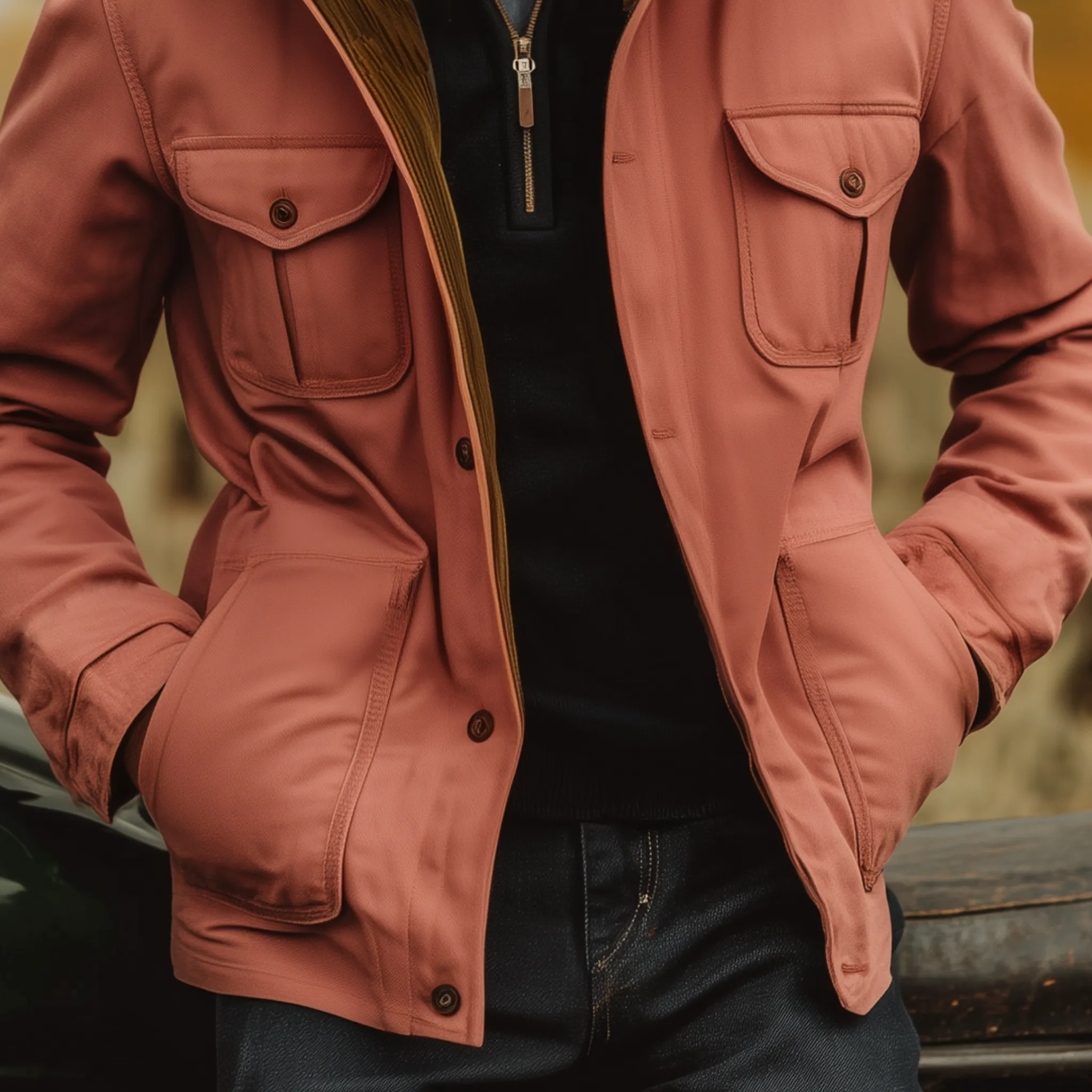 Men's Classic Western Retro Style Stand Collar Multi-pocket Pink Cotton Blend Jacket MTA0520I2K sold by Manly product image thumbnail 5