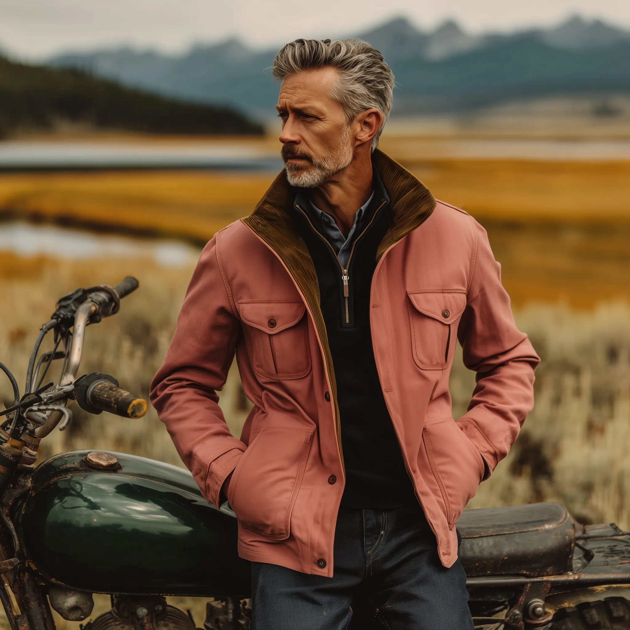 Men's Classic Western Retro Style Stand Collar Multi-pocket Pink Cotton Blend Jacket MTA0520I2K sold by Manly product image thumbnail 3