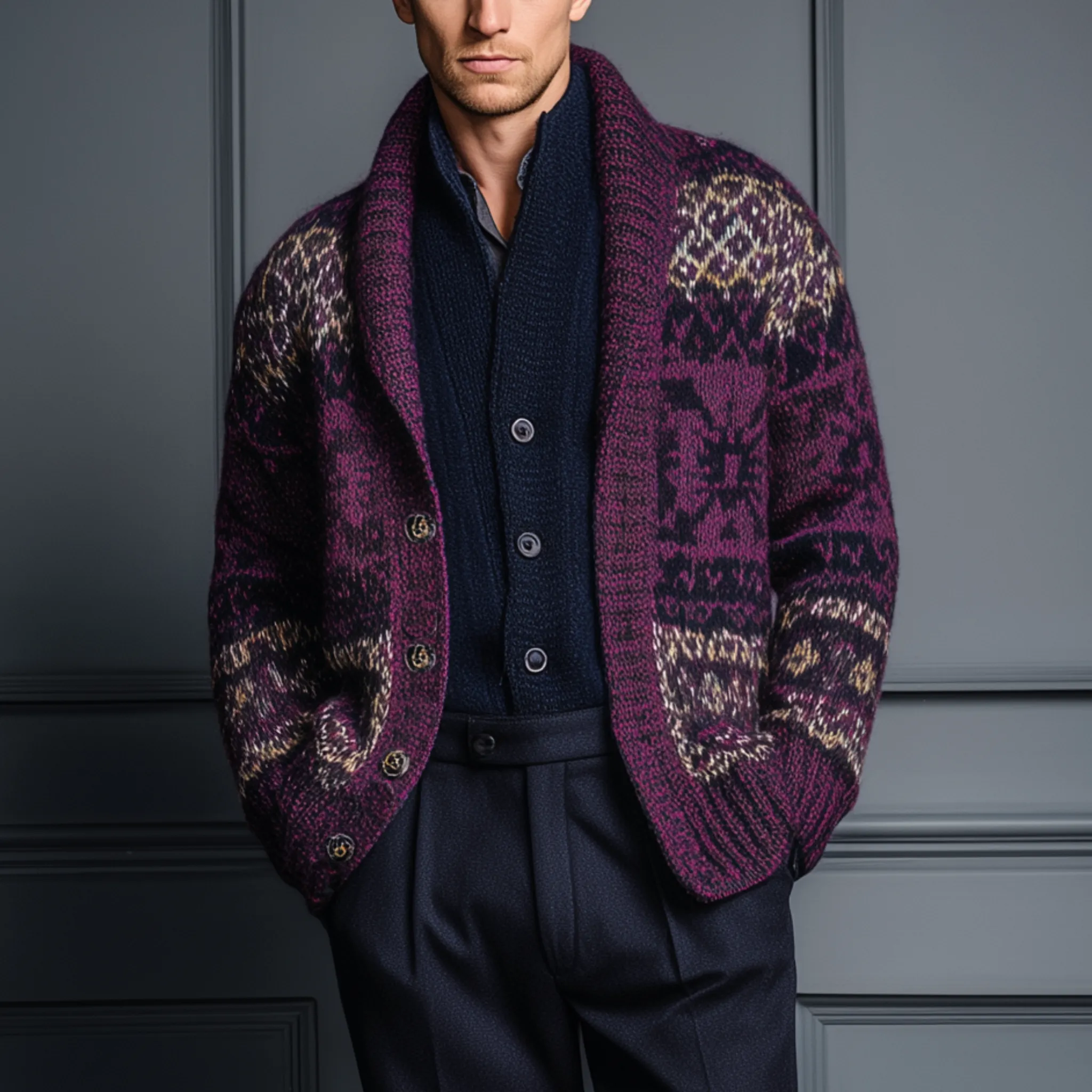 Men's Classic American Casual Contrast Jacquard Knit Cardigan MTA0426I7K sold by Manly product image thumbnail 2