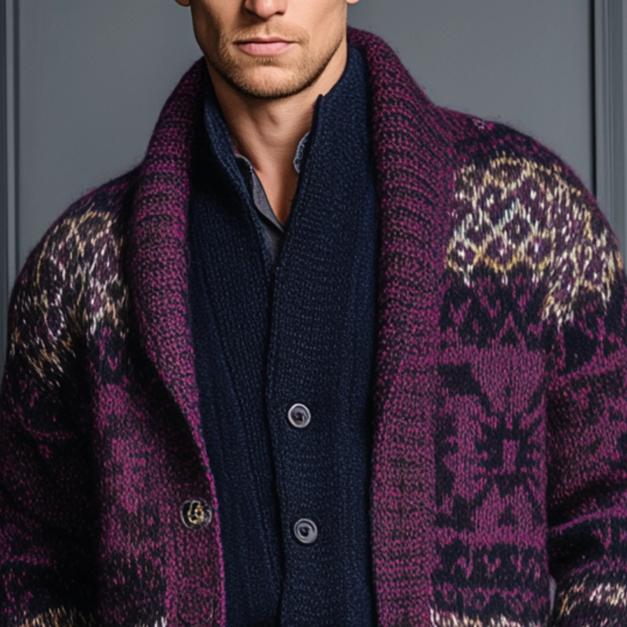 Men's Classic American Casual Contrast Jacquard Knit Cardigan MTA0426I7K sold by Manly product image thumbnail 4