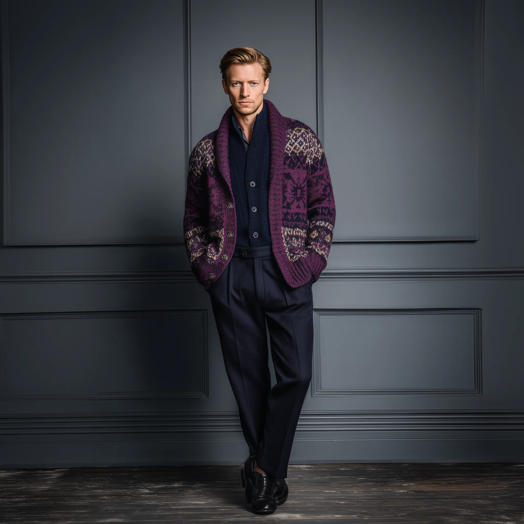 Men's Classic American Casual Contrast Jacquard Knit Cardigan MTA0426I7K sold by Manly product image thumbnail 3