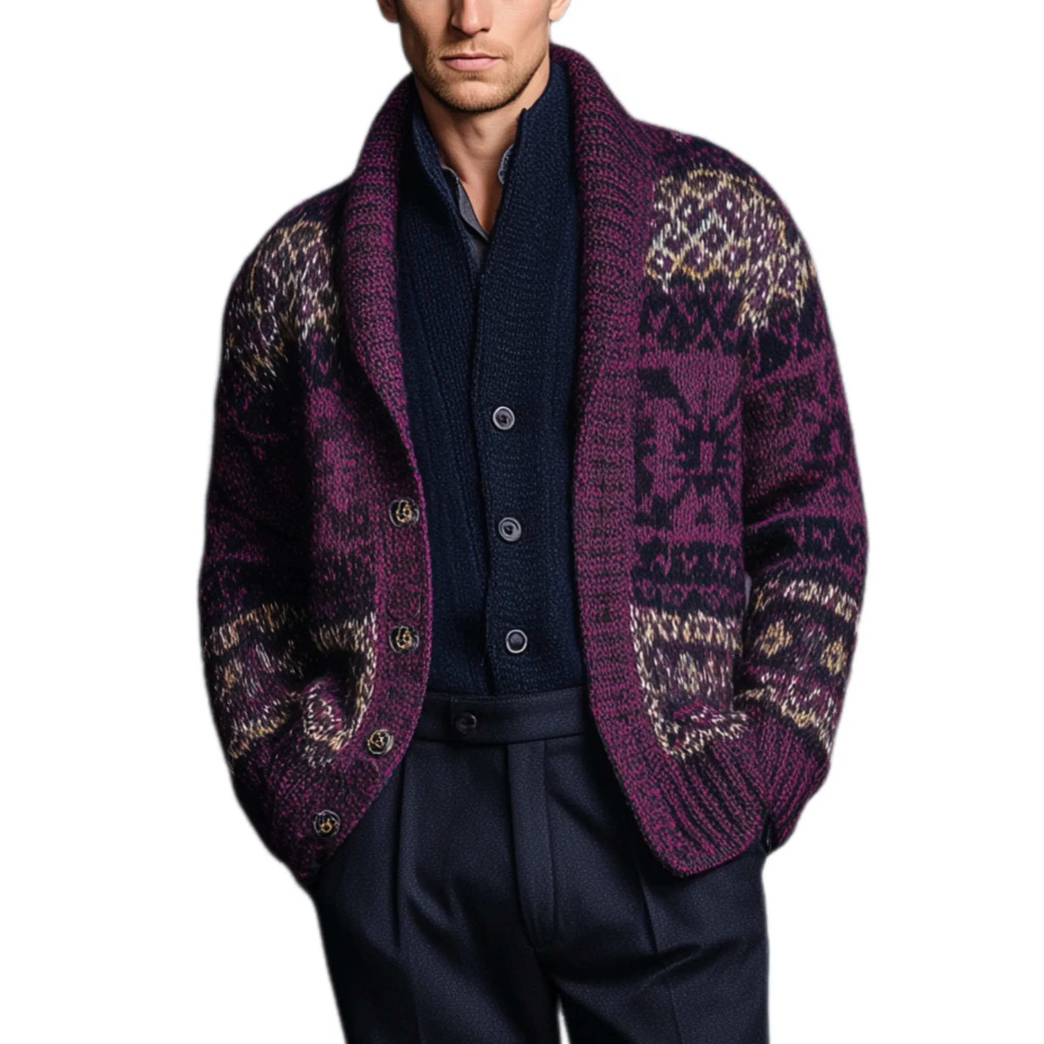 Men's Classic American Casual Contrast Jacquard Knit Cardigan MTA0426I7K sold by Manly