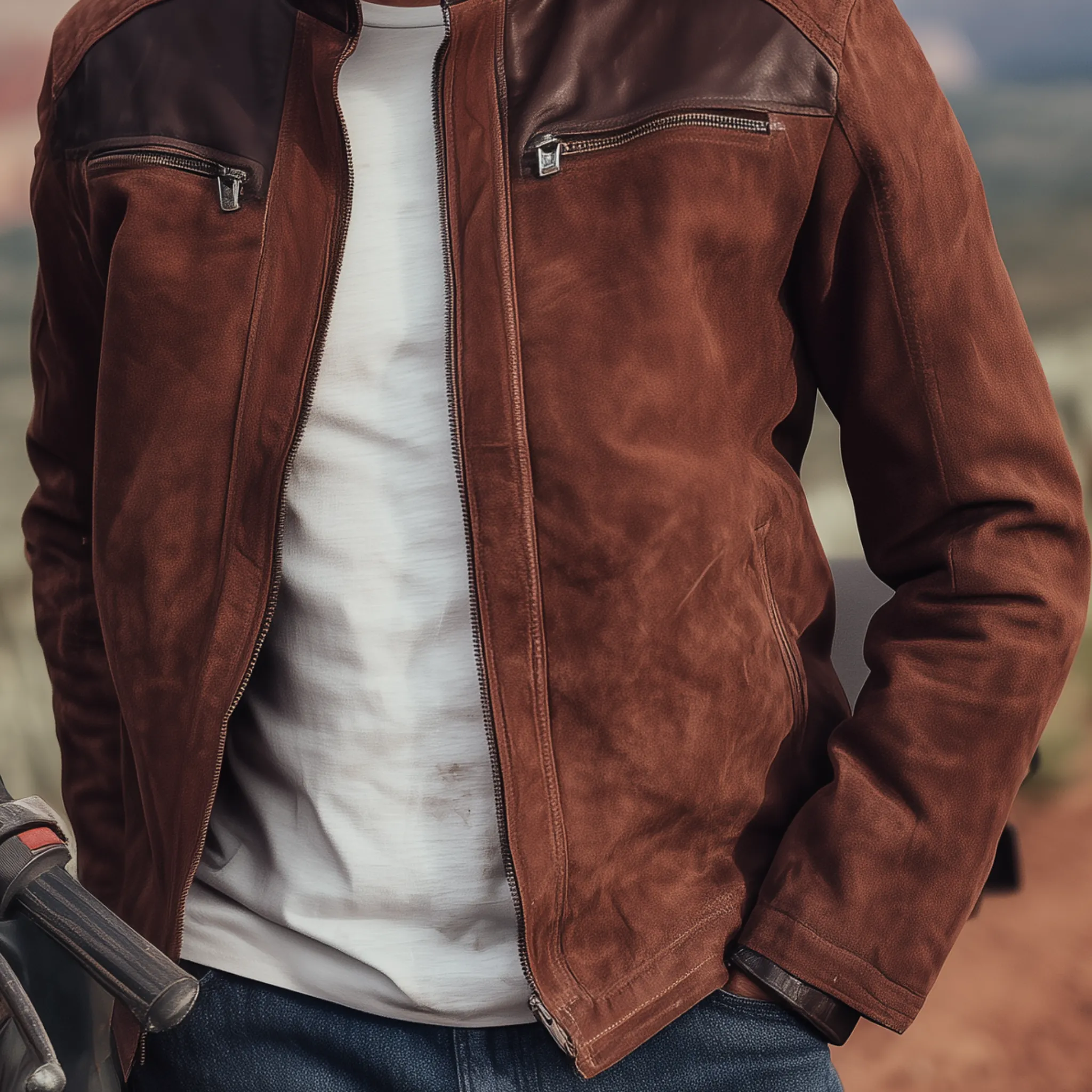 Men's Classic Western Retro Tough Style PU Leather Stand Collar Zipper Suede Jacket MTA0584I1K sold by Manly product image thumbnail 5