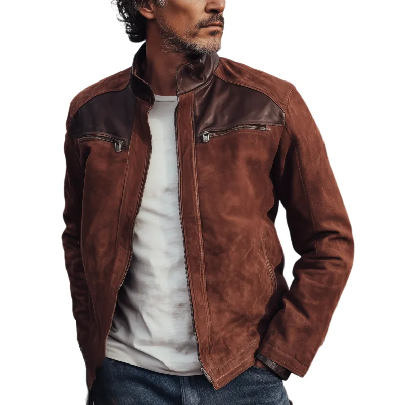 Men's Classic Western Retro Tough Style PU Leather Stand Collar Zipper Suede Jacket MTA0584I1K sold by Manly