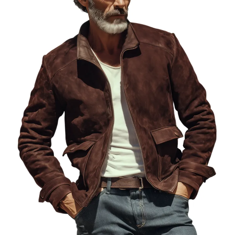 Men's Classic Western Retro Tough Style Stand Collar Suede Jacket MTA0516I1K sold by Manly