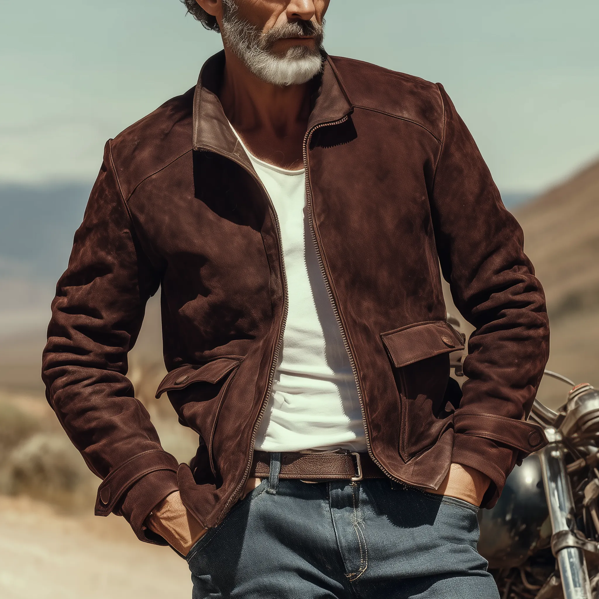 Men's Classic Western Retro Tough Style Stand Collar Suede Jacket MTA0516I1K sold by Manly product image thumbnail 2