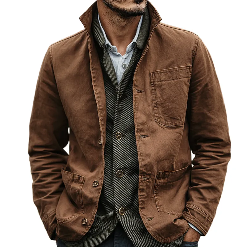Men's Washed Cotton Lapel Multi-pocket Single Breasted Jacket MTA0447I2Z sold by Manly