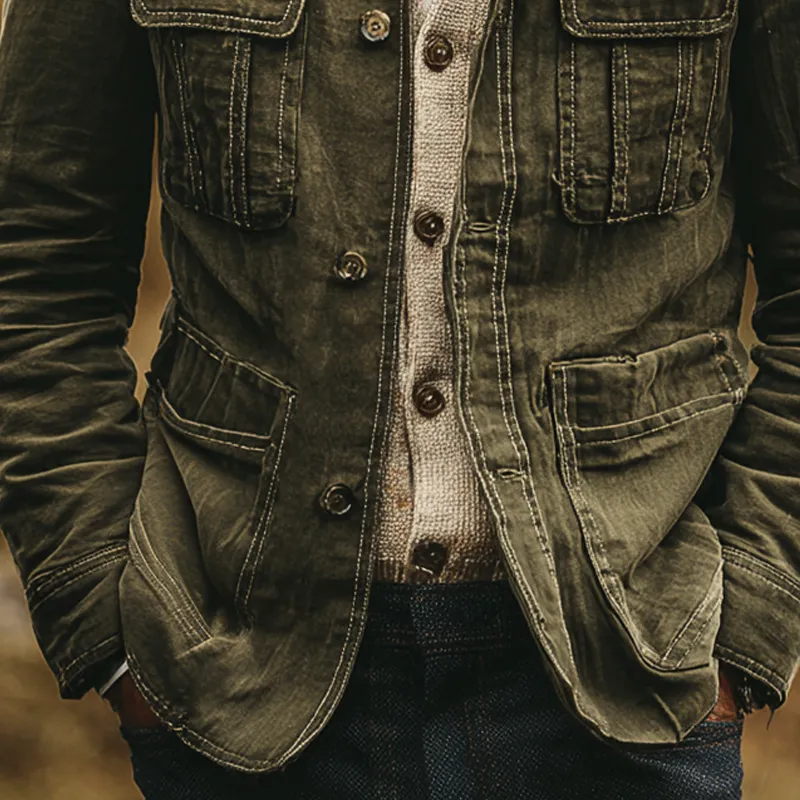 Men's Washed Cotton Lapel Multi-pocket Single Breasted Jacket MTA0470I8Z sold by Manly product image thumbnail 3