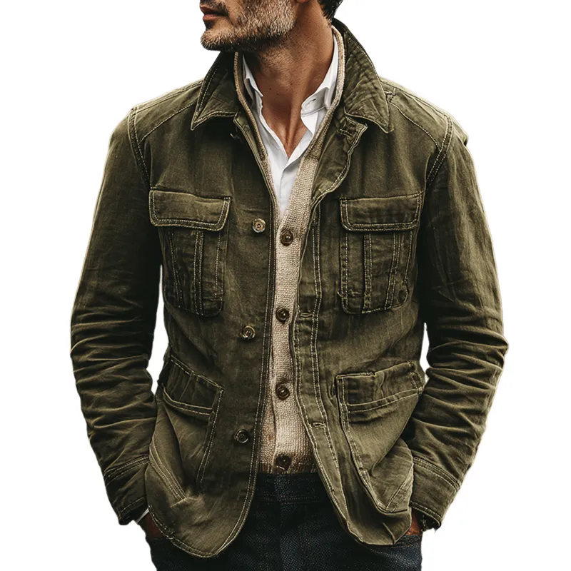 Men's Washed Cotton Lapel Multi-pocket Single Breasted Jacket MTA0470I8Z sold by Manly