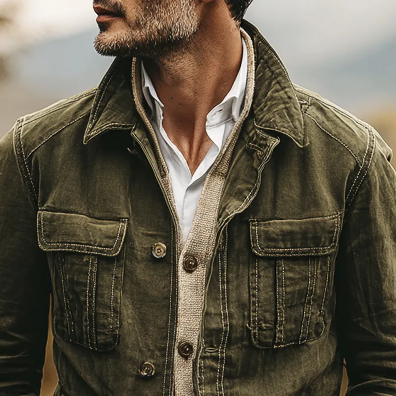 Men's Washed Cotton Lapel Multi-pocket Single Breasted Jacket MTA0470I8Z sold by Manly product image thumbnail 4