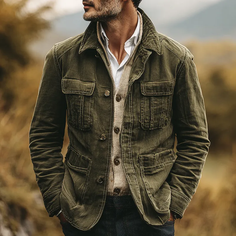 Men's Washed Cotton Lapel Multi-pocket Single Breasted Jacket MTA0470I8Z sold by Manly product image thumbnail 2