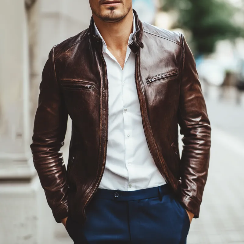 Men's PU Leather Stand Collar Multi-Pocket Zipper Motorcycle Jacket MTA0535I9Z sold by Manly product image thumbnail 2